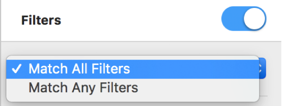The pop-up menu to choose between showing rows that match all filters or any filter.