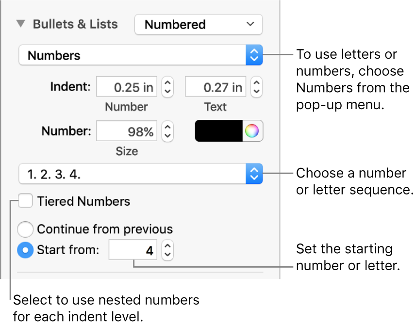 Controls for changing the number style and spacing of a list.