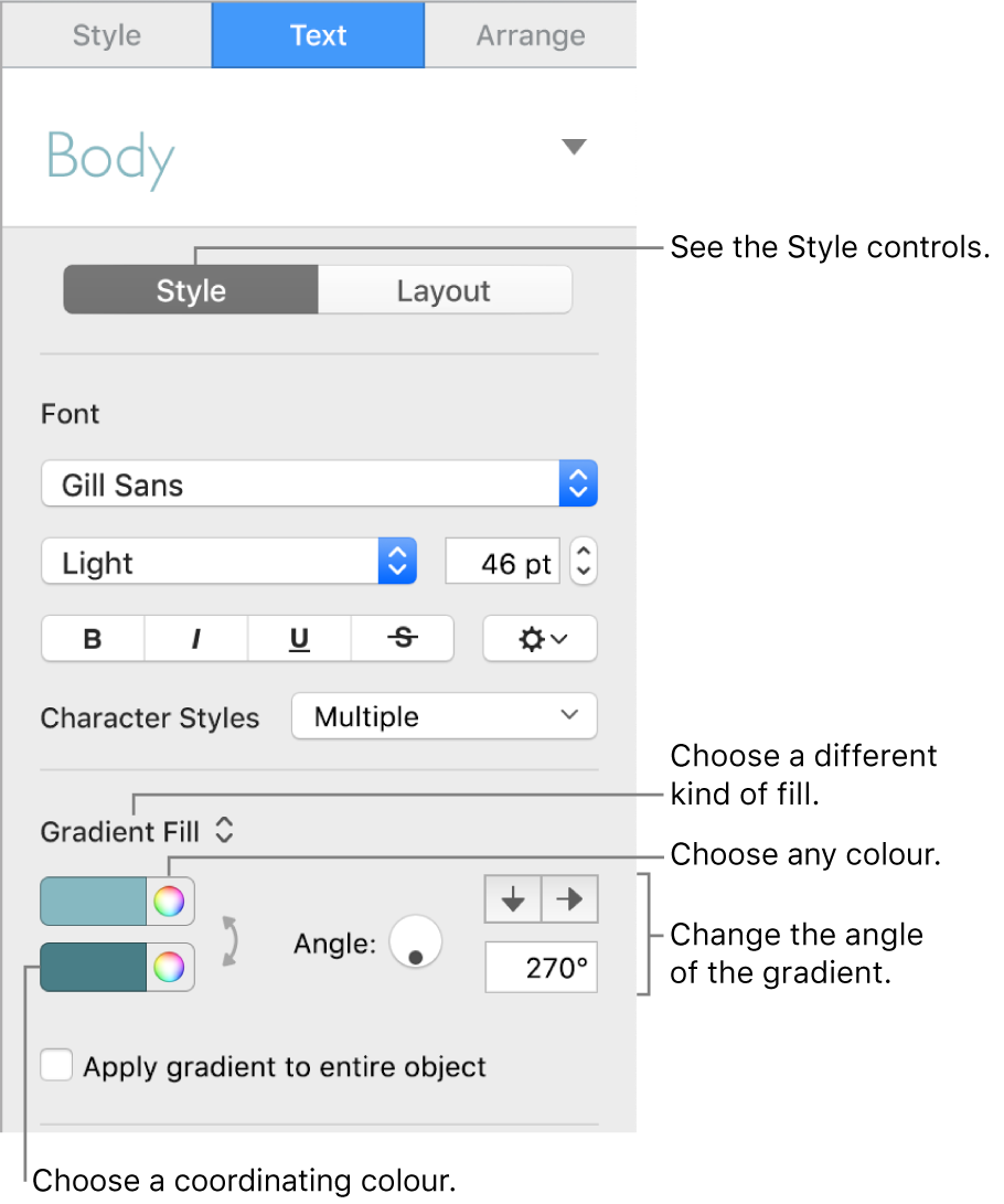 Text sidebar, showing how to change the colour of text.