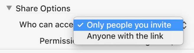 The Share Options section of the collaboration dialogue with the “Who can access” pop-up menu open and “Only people you invite” selected.