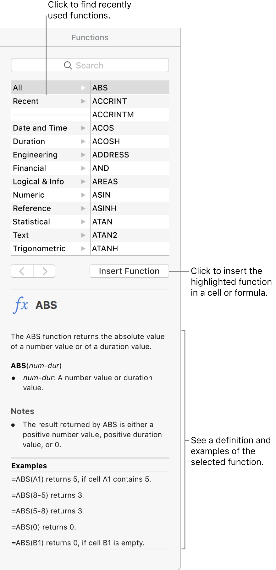 The Functions Browser with callouts to recently used functions, the Insert Function button and the function definition.