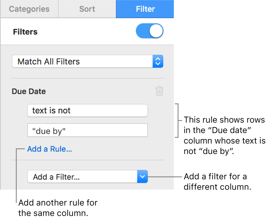 Controls for creating filtering rules.