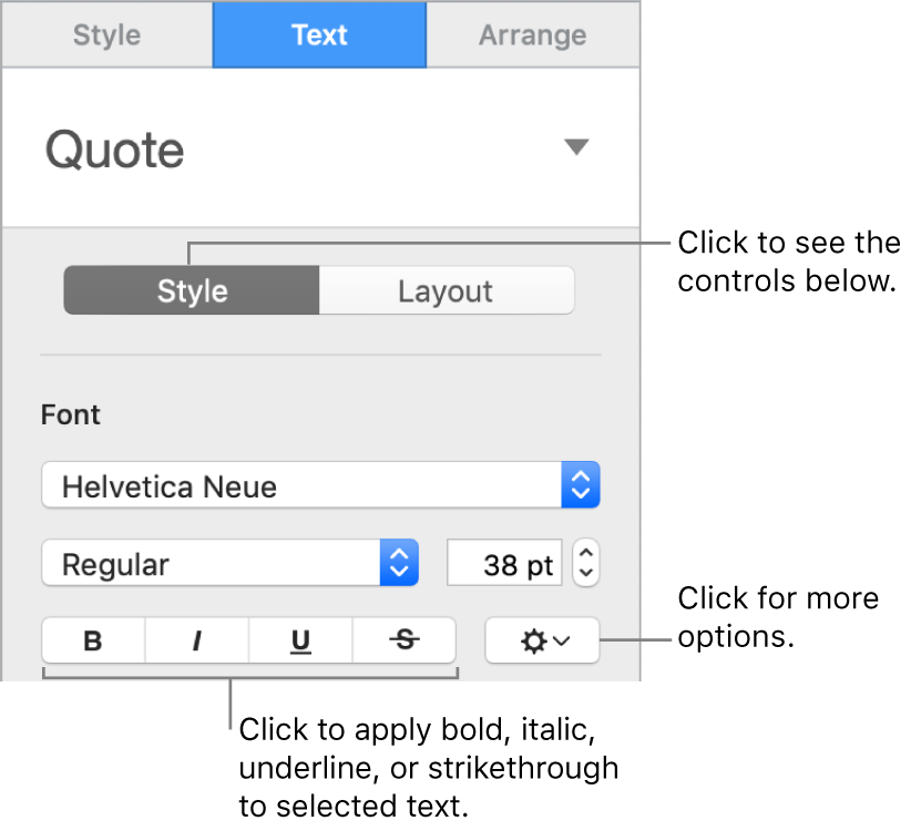 The Style controls in the sidebar with callouts to the Bold, Italic, Underline, and Strikethrough buttons.