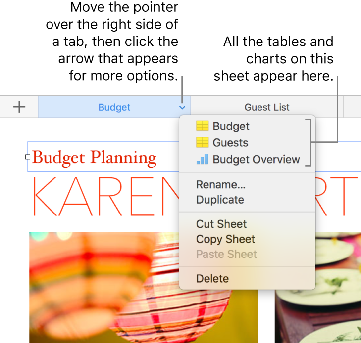 A spreadsheet tab with the shortcut menu open, showing options including Duplicate.
