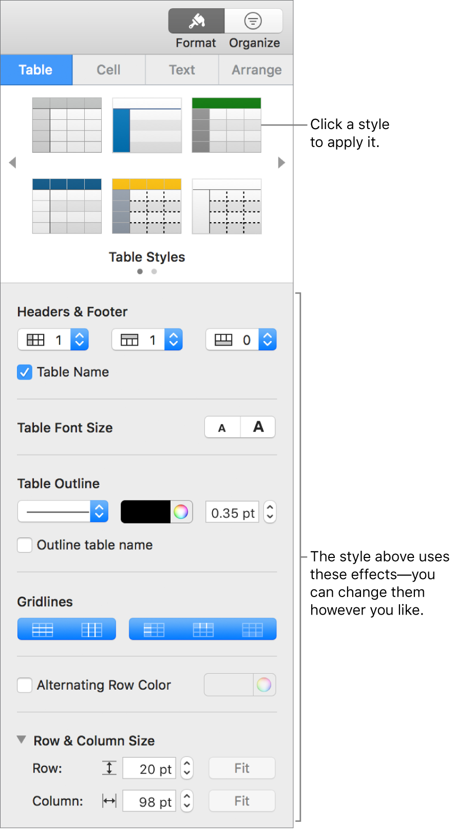 The Format sidebar showing table styles and formatting options.