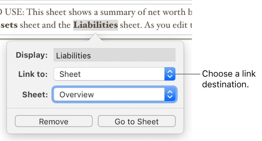 The link editor with a Display field, Link to pop-up menu (Sheet is selected), and Sheet pop-up menu (a sheet named Overview is selected). The Remove and Go to Sheet buttons are at the bottom of the pop-over.