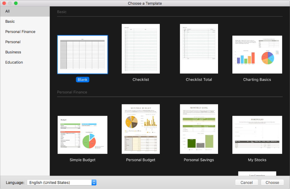 The template chooser, showing thumbnails of predesigned templates you can use as a starting point for spreadsheets.