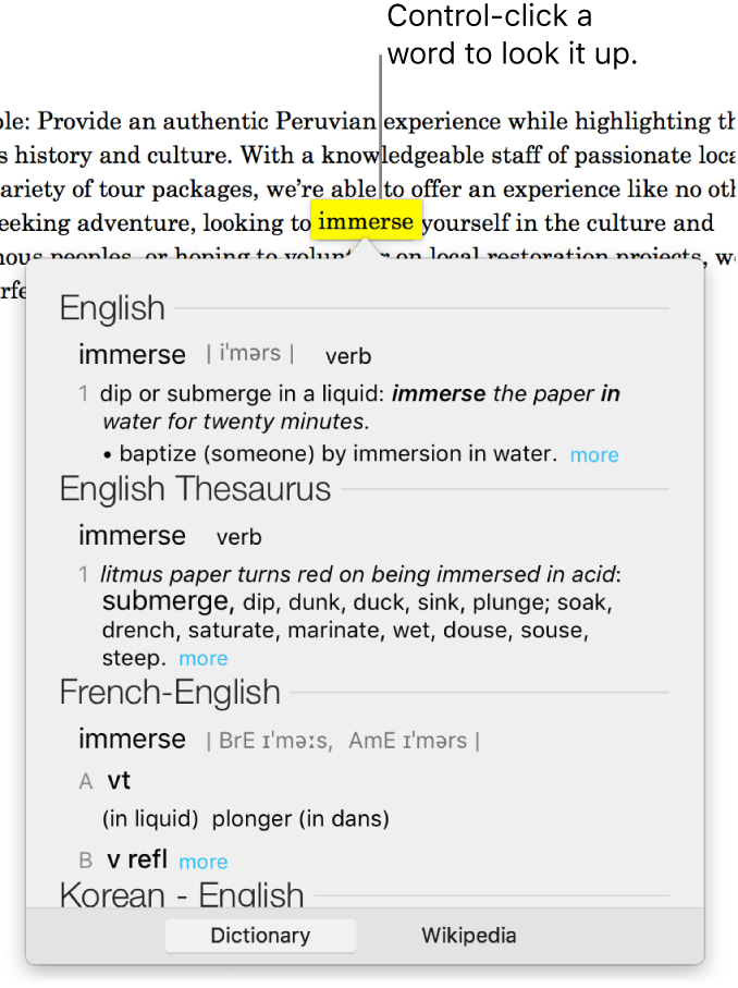 Text with a word highlighted and a window showing its definition and a thesaurus entry. Two buttons at the bottom of the window provide links to the dictionary and to Wikipedia.