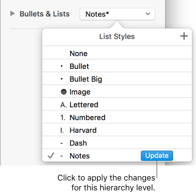 The List Styles pop-up menu with an Update button next to the name of the new style.