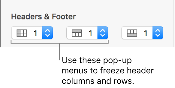 The pop-up menus for adding header and footer columns and rows to a table and for freezing header rows and columns.