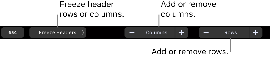The MacBook Pro Touch Bar with controls for freezing header rows or columns, adding or removing columns, and adding or removing rows.