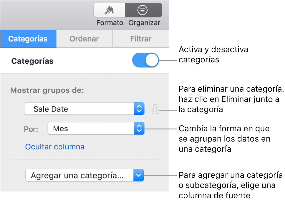 La barra lateral de categorías con opciones para desactivar las categorías, eliminar categorías, reagrupar datos, ocultar una columna origen y agregar categorías.