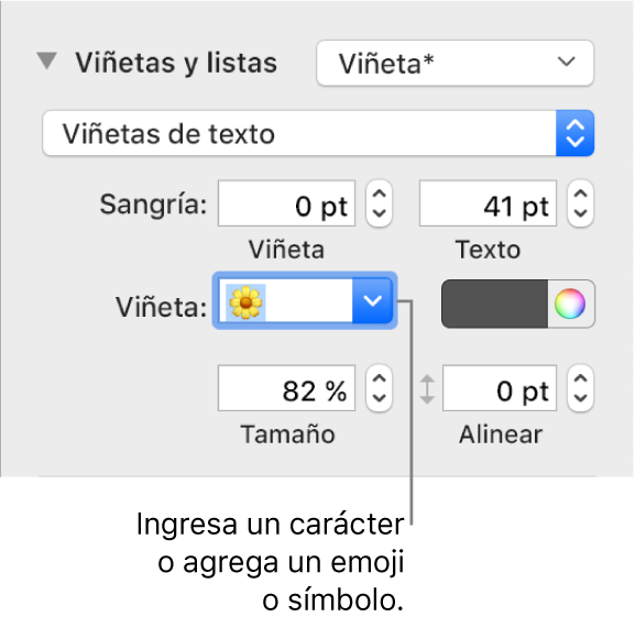 La sección "Viñetas y listas" de la barra lateral Formato. El campo Viñetas muestra un emoji de flor.
