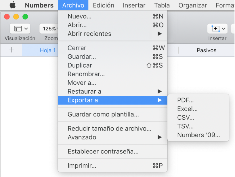 El menú Archivo abierto con la opción "Exportar a" seleccionada y con el submenú donde se muestran las opciones de exportación a PDF, Excel, CSV y Numbers '09.