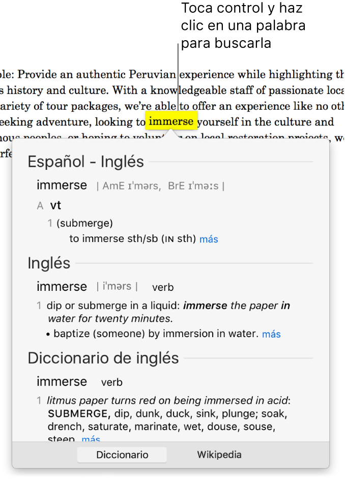 Texto con una palabra resaltada y una ventana en la que se muestra su definición y una entrada en el diccionario de sinónimos. Dos botones en la parte inferior de la pantalla proporcionan enlaces al diccionario y a Wikipedia.