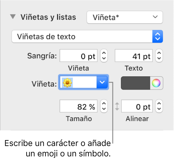 La sección de viñetas y listas de la barra lateral Formato. El campo Viñeta muestra un emoji de una flor.