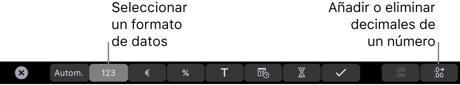 La Touch Bar del MacBook Pro con controles para seleccionar un formato de datos y añadir o eliminar decimales de un número.