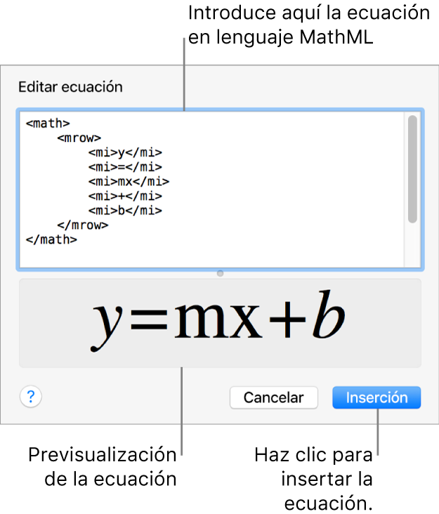 La ecuación de la pendiente de una recta en el campo “Editar ecuación” y la previsualización de la fórmula a continuación.