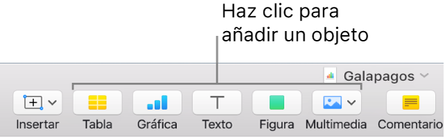La ventana de Numbers con llamadas a los botones de objeto de la barra de herramientas.