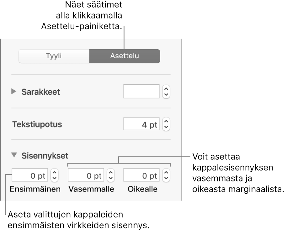 Muoto-sivupalkin Asettelu-osio, jossa näkyy säätimiä ensimmäisen rivin sisennyksen tai kappalemarginaalien asettamiseen.