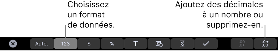 La Touch Bar d’un MacBook Pro affichant des commandes pour choisir un format de données et ajouter ou supprimer des décimales.