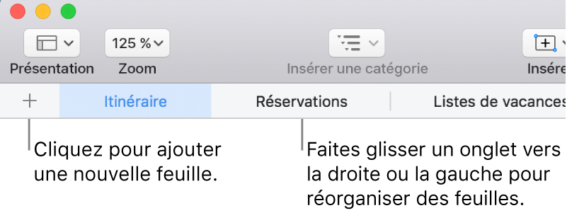 Barre des onglets pour ajouter une feuille et réorganiser les feuilles.