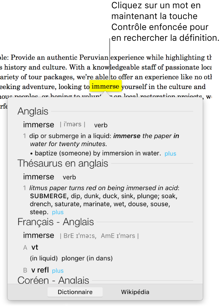 Un texte avec un mot surligné et une fenêtre contenant sa définition et des synonymes. Deux boutons en bas de la fenêtre fournissent des liens vers le dictionnaire et vers Wikipedia.