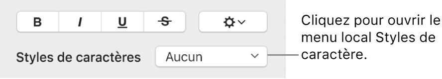Menu local Styles de caractère au-dessous des commandes de modification du style et de la couleur du texte.
