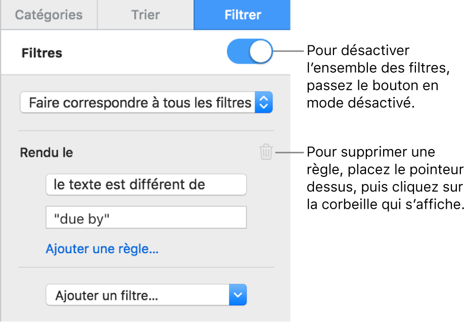 Commandes de suppression d’un filtre ou de désactivation de tous les filtres.
