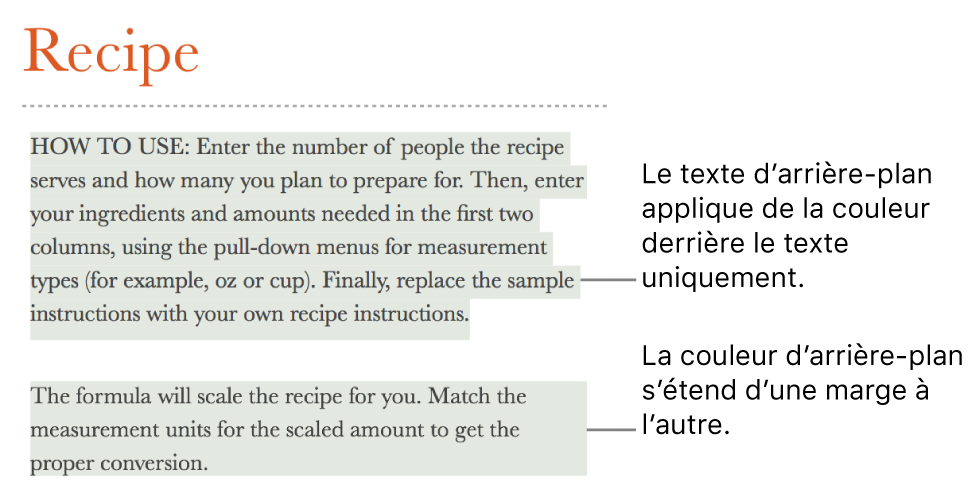 Un paragraphe avec de la couleur uniquement derrière le texte, et un autre avec un arrière-plan coloré allant d’une marge à l’autre pour créer un bloc.