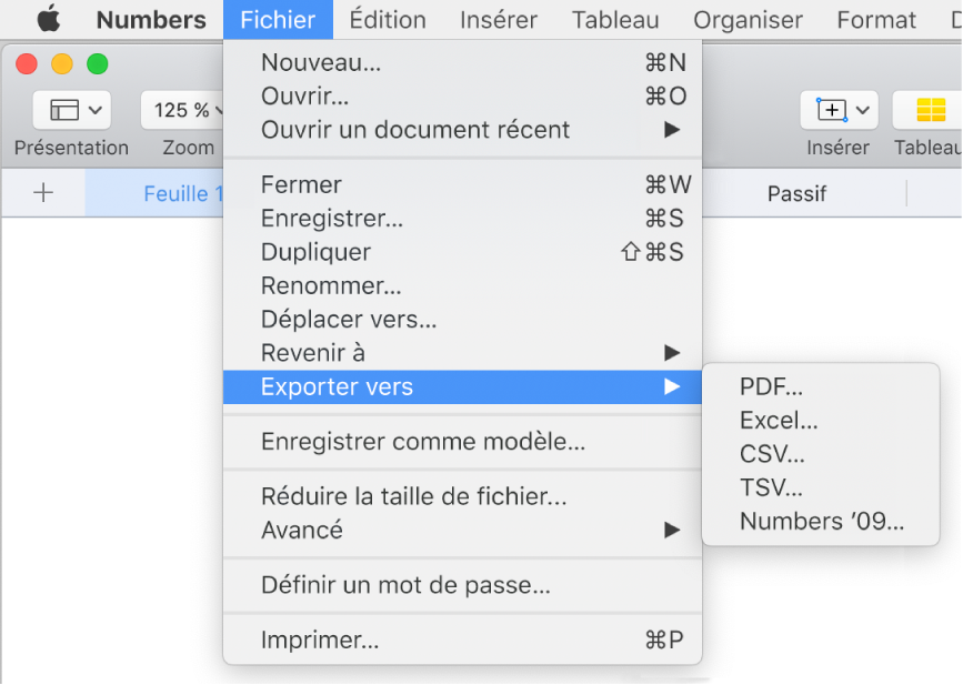 Menu Fichier ouvert avec l’option Exportation vers sélectionnée, le sous-menu correspondant affichant les options d’exportation aux formats PDF, Excel, CSV et Numbers ’09.