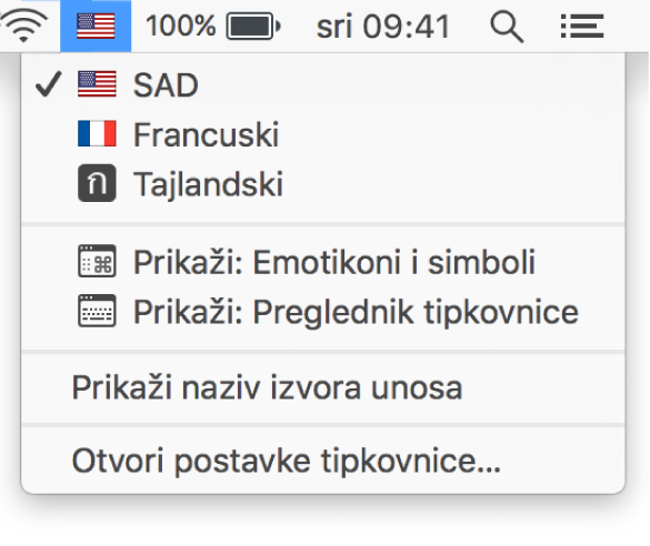 Izbornik unosa u gornjem desnom kutu trake s izbornicima.