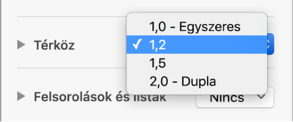 A Térköz előugró menü a Szimpla, Dupla és más beállításokkal.