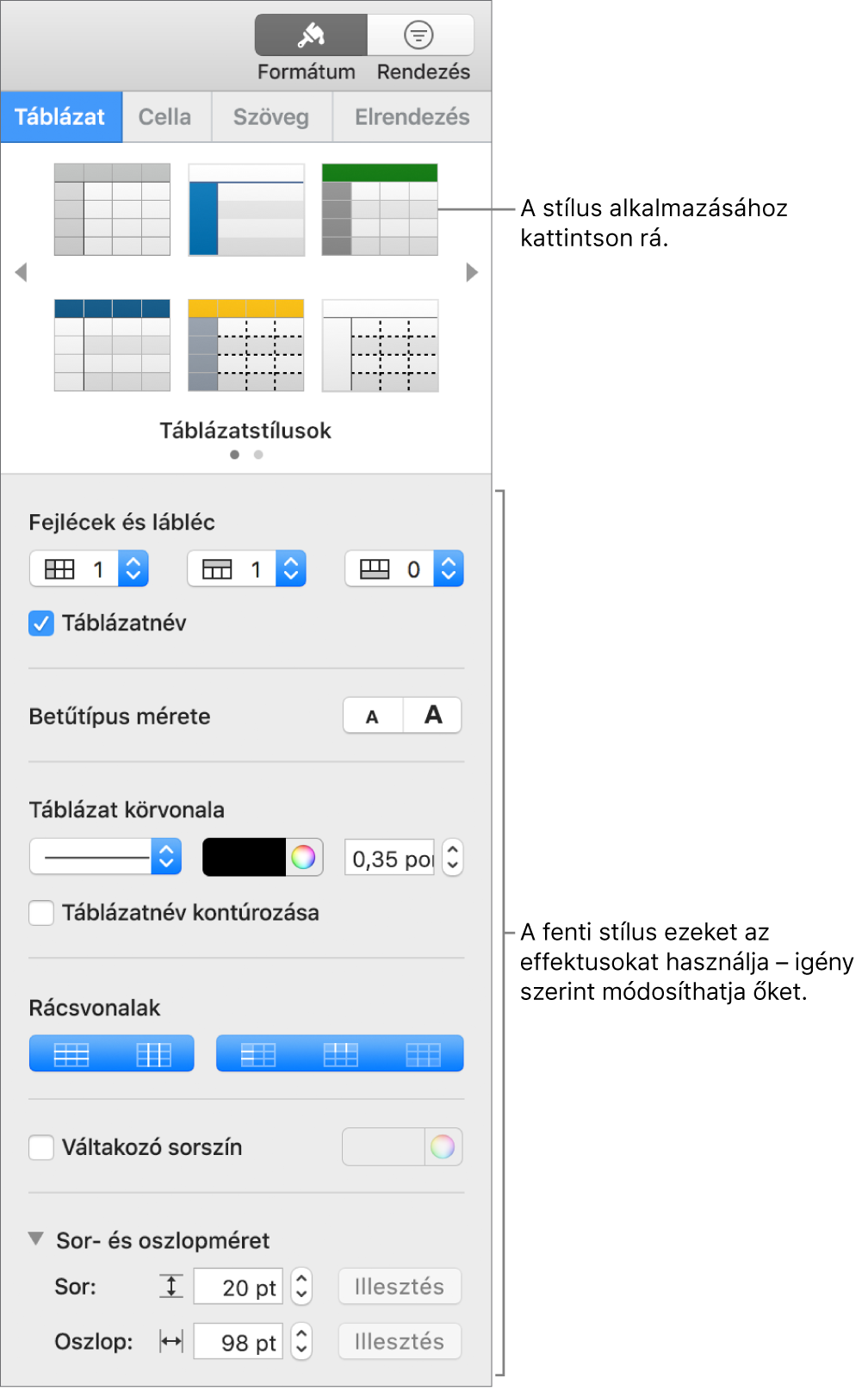 A táblázatstílusokat és formázási lehetőségeket megjelenítő Formátum oldalsáv.