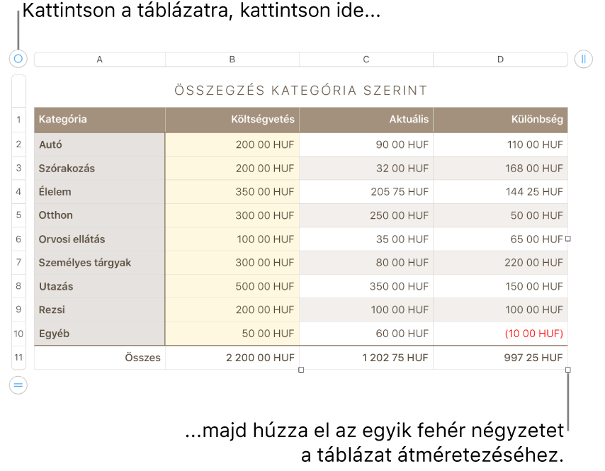 Kijelölt táblázat, átméretezésre szolgáló fehér négyzetekkel.