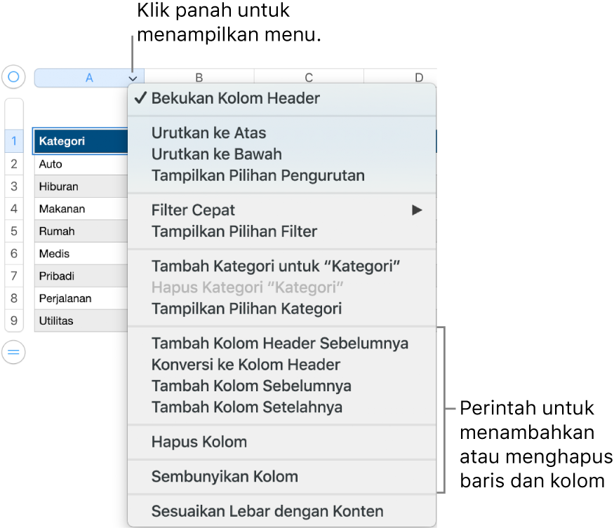 Menu kolom tabel dengan perintah untuk menambahkan atau menghapus baris dan kolom.