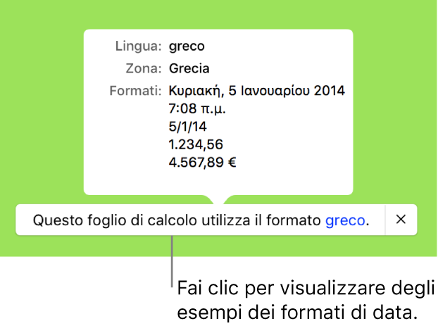 La notifica della diversa impostazione di lingua e zona, con esempi dei formati.