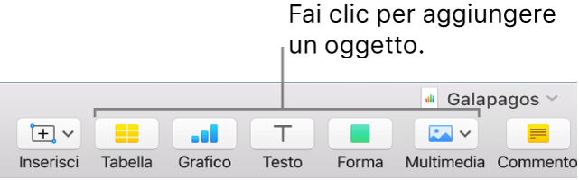 Finestra di Numbers con didascalie per i pulsanti degli oggetti nella barra degli strumenti.