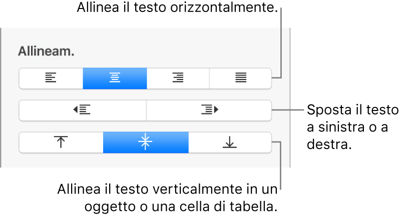 La sezione Allineamento che mostra i pulsanti per l'allineamento orizzontale del testo, lo spostamento del testo a destra o a sinistra, e l'allineamento verticale del testo.