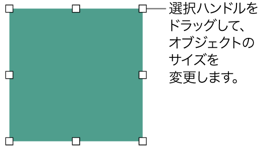 オブジェクトのサイズを変更するための白い正方形が枠線に表示されているオブジェクト。