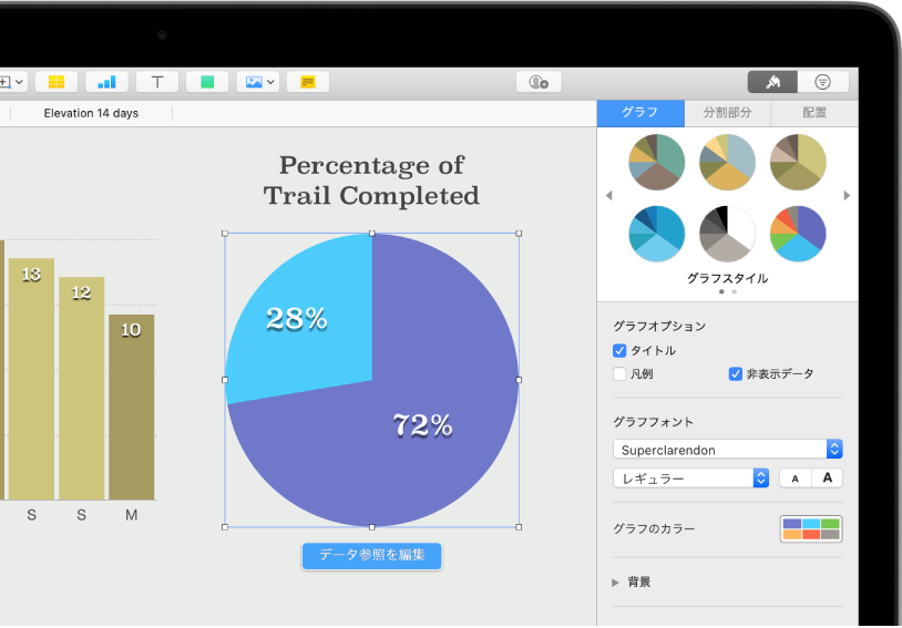 完了したコースのパーセンテージを表している円グラフ。「フォーマット」メニューも開かれていて、選択対象のさまざまなグラフのスタイルが表示されています。また、グラフのタイトルや凡例をオンまたはオフにするオプション、非表示データを表示するオプション、グラフのフォント、色、および背景を編集するオプションも表示されています。