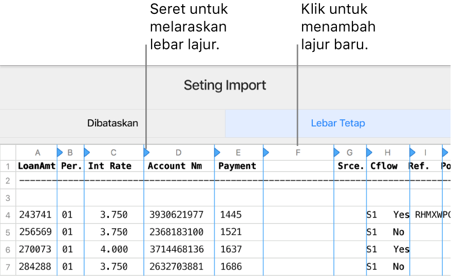 Seting import untuk fail teks lebar tetap.