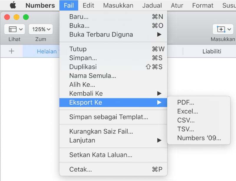 Menu Fail terbuka dengan Eksport Ke dipilih, dengan submenu menunjukkan pilihan eksport untuk PDF, Excel, CSV dan Numbers ’09.