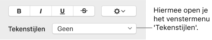 Het venstermenu 'Tekenstijlen' onder regelaars voor het wijzigen van de tekststijl en kleur.