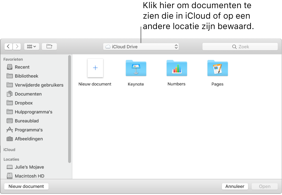 Het dialoogvenster 'Open' waarin de navigatiekolom aan de linkerkant is geopend en waarin in het venstermenu bovenin 'iCloud Drive' is geselecteerd. In het dialoogvenster staan mappen voor Keynote, Numbers en Pages en de knop 'Nieuw document'.