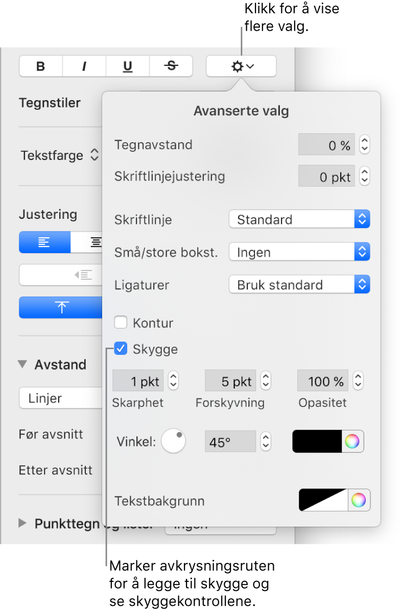 Avanserte valg-menyen åpen med Skygger-avkrysningsruten markert og kontroller for å angi uskarphet, forskyvning, opasitet, vinkel og farge.