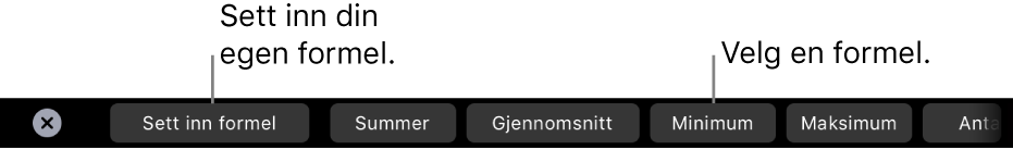 Touch Bar på MacBook Pro med kontroller for å sette inn din egen formel og velge en vanlig formel.