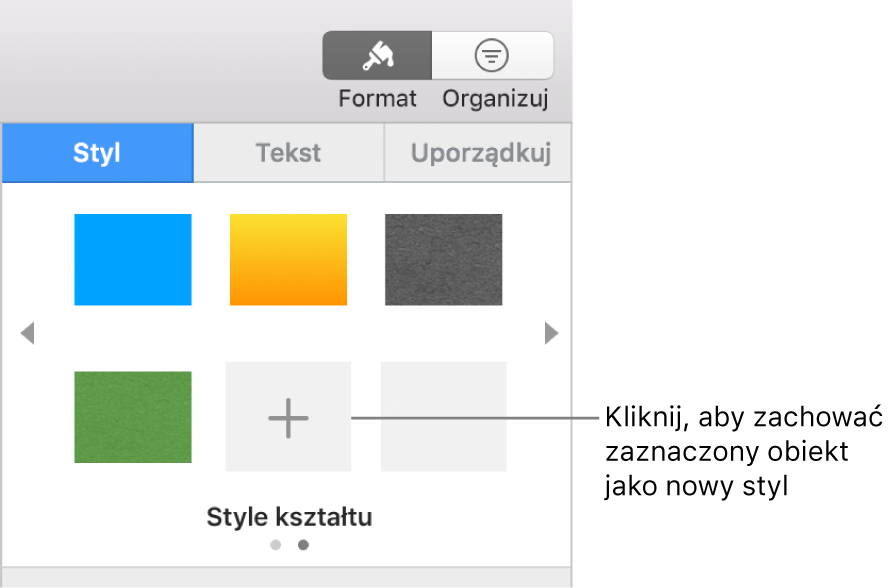 Karta Styl na pasku bocznym Format, zawierający cztery style obrazka, przycisk Utwórz styl, a także jedno puste pole przeznaczone na styl.