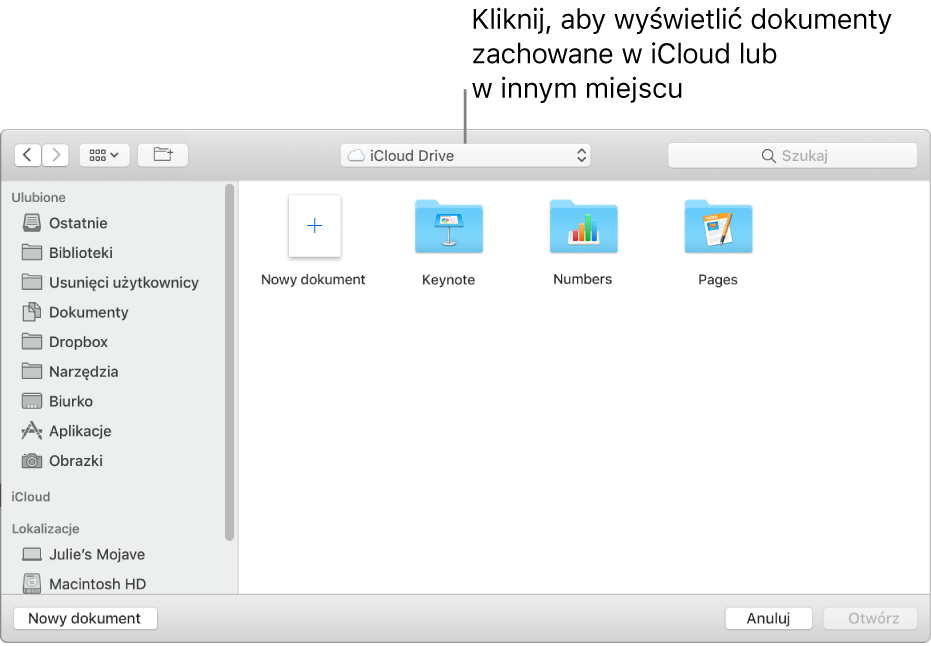 Okno dialogowe Otwórz z paskiem bocznym widocznym po lewej. W menu podręcznym znajdującym się na górze wybrana jest opcja iCloud Drive. W oknie dialogowym widoczne są foldery Keynote, Numbers i Pages, a także przycisk Nowy dokument.