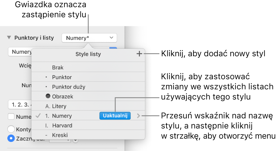 Menu podręczne Style listy z gwiazdką oznaczającą zastąpienie stylu oraz objaśnieniami przycisku Nowy styl oraz podmenu z opcjami zarządzania stylami.